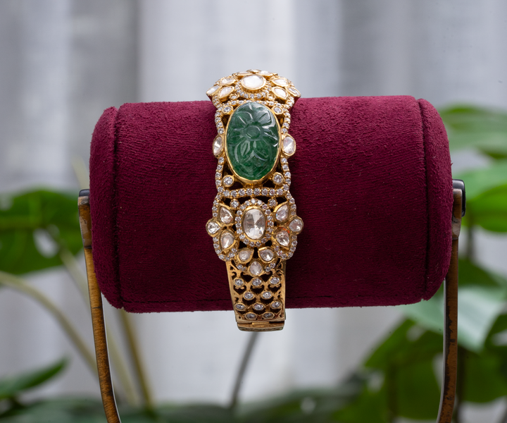Carved Emerald & Moissanite Ornate Kada